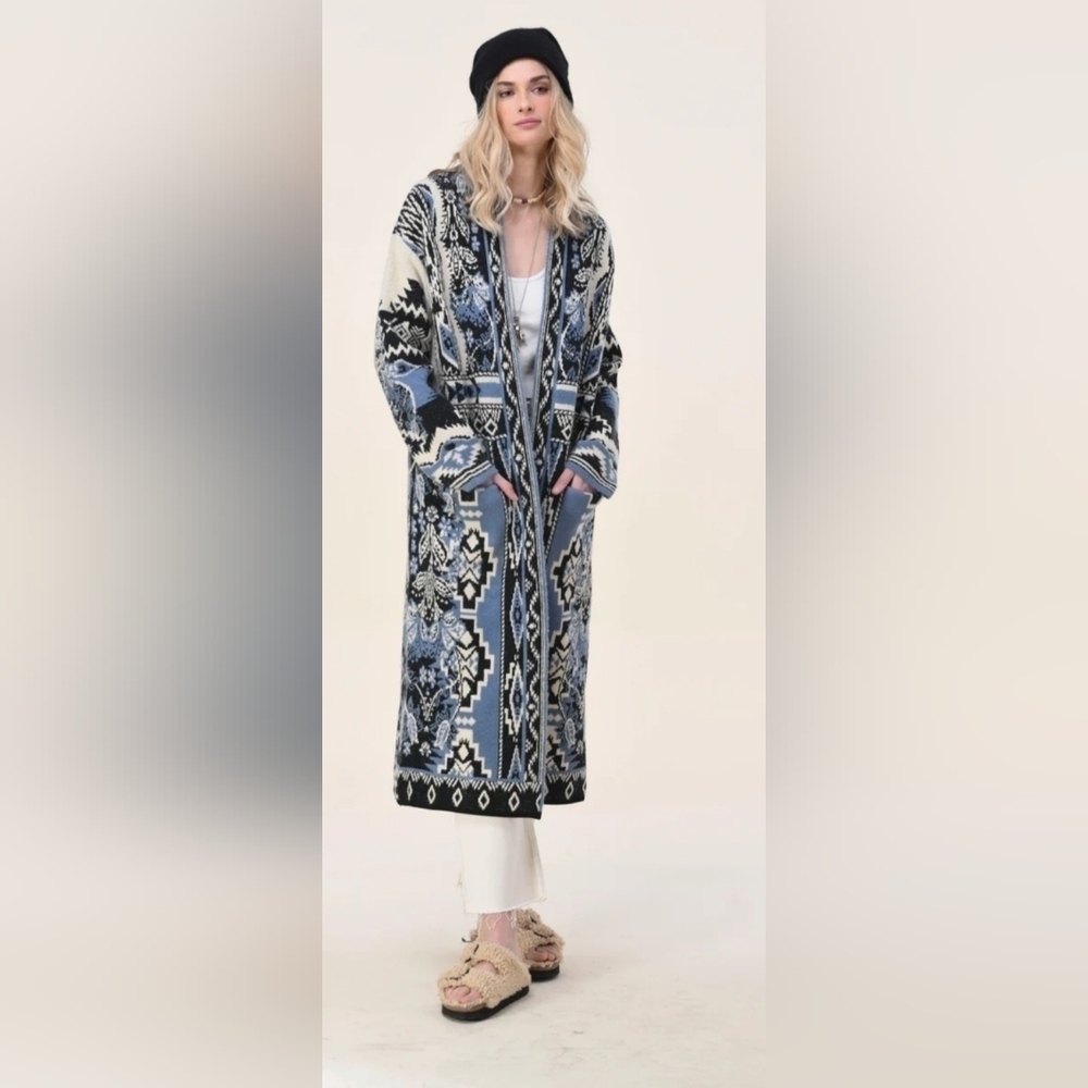 Maxsport Open Front Patch Pocket Full Length Duster Cardigan Coat Size M